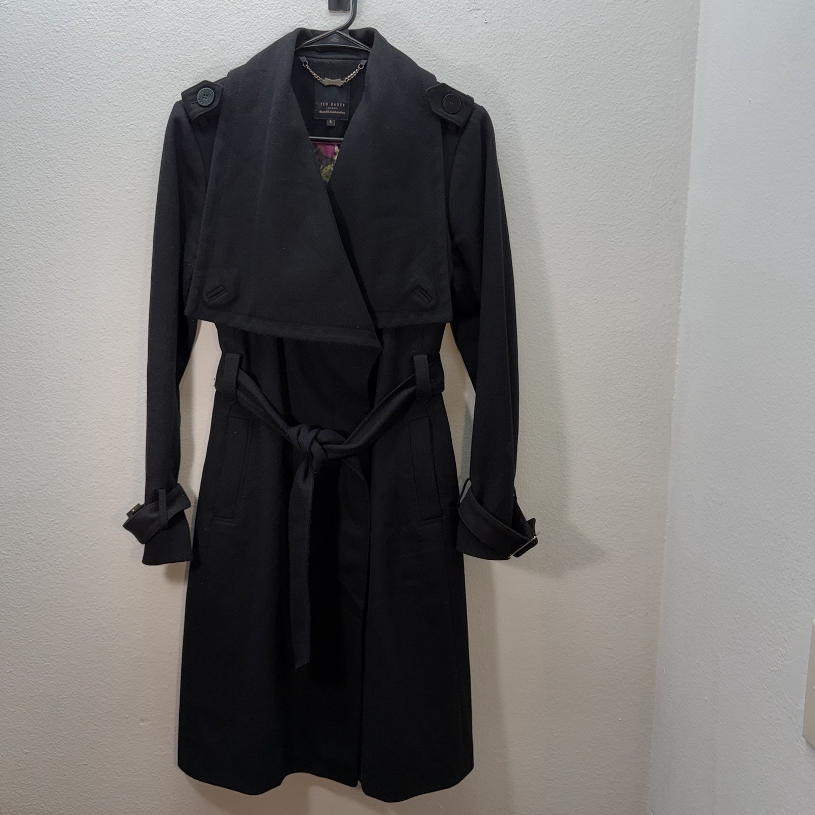 Ted Baker Lorili Size 3 Us 8 Black Wool Cashmere Trench Coat Belted Old Money